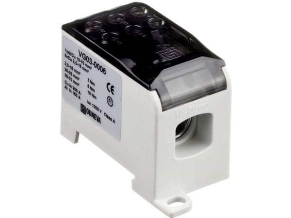 OJL distributions blok 200A. Tilgang Al/Cu 10-70 mm2. Afgang Cu 6*(2,5-16) mm2
