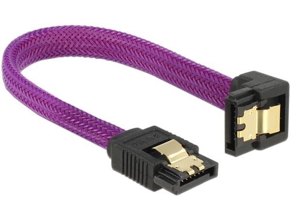 Delock Premium - SATA-kabel - Serial ATA 150/300/600 - SATA (hann) til SATA (hann) - 10 cm - låst, 90° kontakt - purpur
