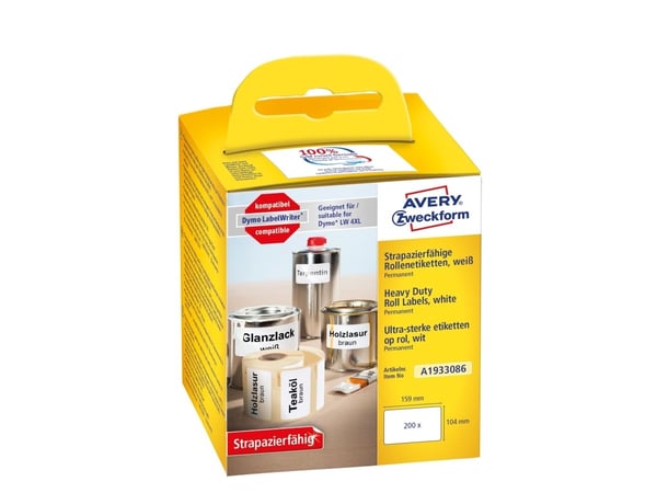 Avery A1933086 104 x 159 mm, rull, hvit holdbare polyesteretiketter på rull til etikettprinter (100% kompatibel med Dymo® LabelWriter™)