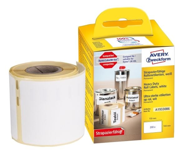 Avery A1933086 104 x 159 mm, rull, hvit holdbare polyesteretiketter på rull til etikettprinter (100% kompatibel med Dymo® LabelWriter™)