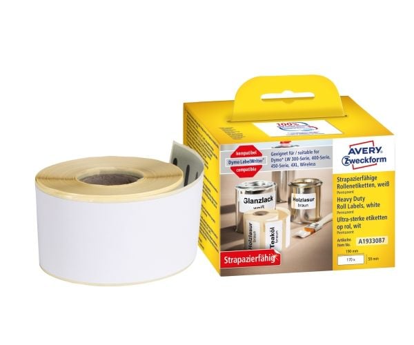 Avery A1933087 59 x 190 mm, rull, hvit (holdbare polyesteretiketter på rull, 100% kompatibel med Dymo LabelWriter)