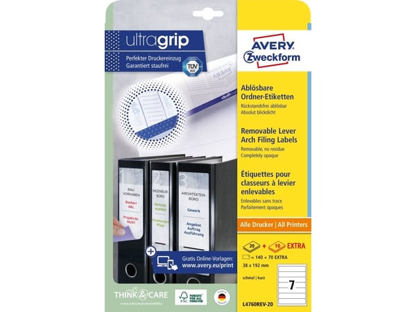 Avery L4760REV-20, hvit, avrundet rektangel, avtakbar, 38 x 192 mm, A4, ringperm