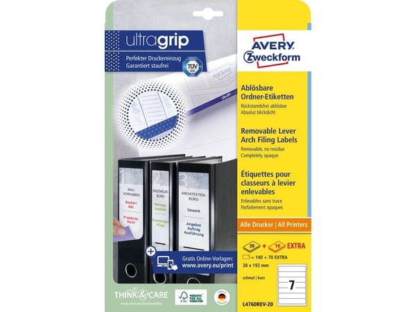 Avery L4760REV-20, hvit, avrundet rektangel, avtakbar, 38 x 192 mm, A4, ringperm