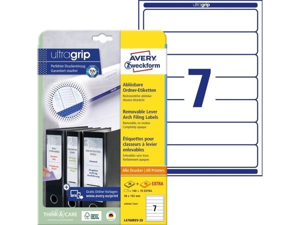 Avery L4760REV-20, hvit, avrundet rektangel, avtakbar, 38 x 192 mm, A4, ringperm