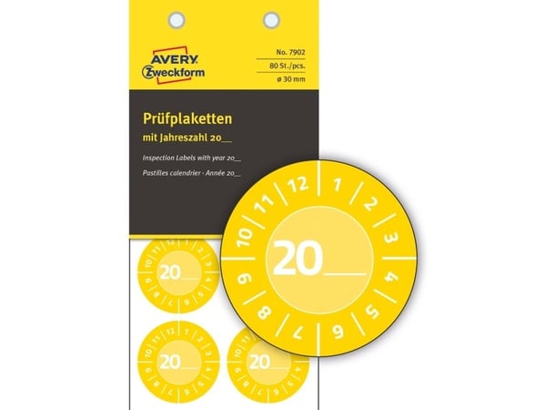 Gul inspektionsetiket Ø30 mm med årstal 20__ til selv at udfylde, Vinyl Gul - (10 ark x 8 stk.)