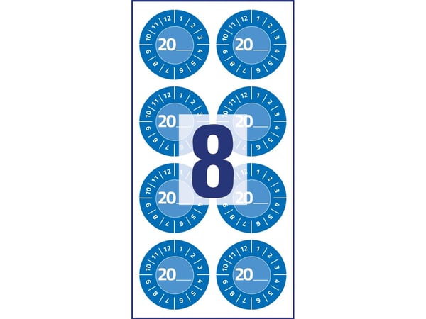 Blå inspektionsetiket Ø30 mm med årstal 20__ til selv at udfylde, Vinyl Blå - (10 ark x 8 stk.)