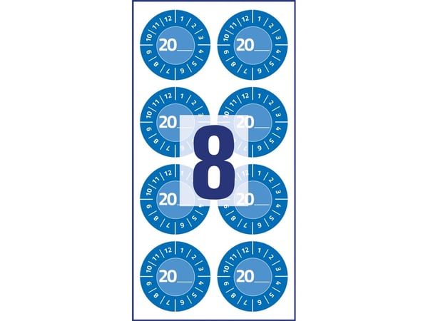 Blå inspektionsetiket Ø30 mm med årstal 20__ til selv at udfylde, Vinyl Blå - (10 ark x 8 stk.)