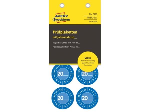 Blå inspektionsetiket Ø30 mm med årstal 20__ til selv at udfylde, Vinyl Blå - (10 ark x 8 stk.)