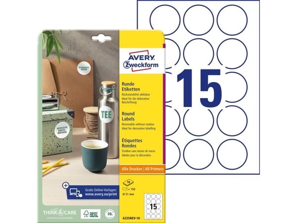 Avery 6225REV-10 Ø 51 mm, A4, Hvid Hvid 327x219x5mm (10Ark)