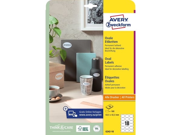 AVERY Zweckform identifikasjonsetiketter, ovale, 63,5x42,3 mm hvite, permanent selvklebende, ubestrøket papir, - 1 stk (6242-10)