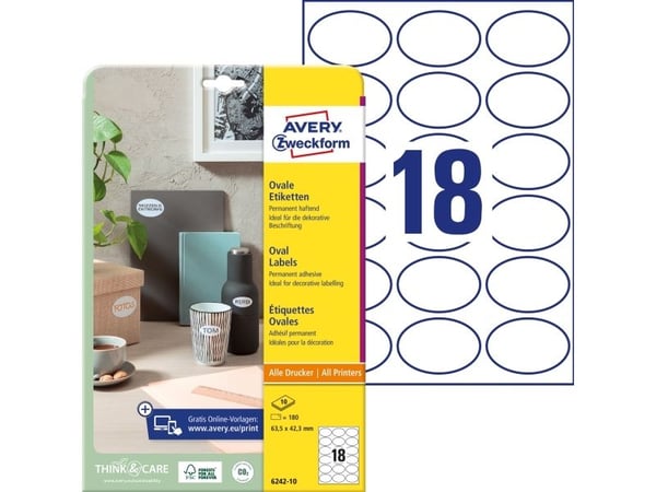 AVERY Zweckform identifikasjonsetiketter, ovale, 63,5x42,3 mm hvite, permanent selvklebende, ubestrøket papir, - 1 stk (6242-10)