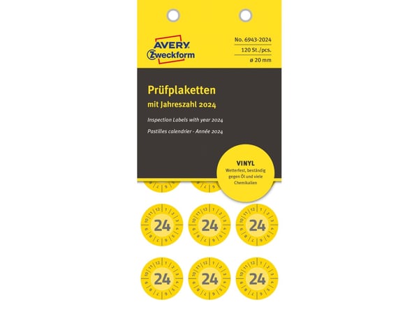 AVERY Avery 6943-2024 Ø 20 mm, 120 tarraa, keltainen keltainen keltainen keltainen 152x70x3,5mm (8kpl) - (8 kpl/läpipainopakkaus)