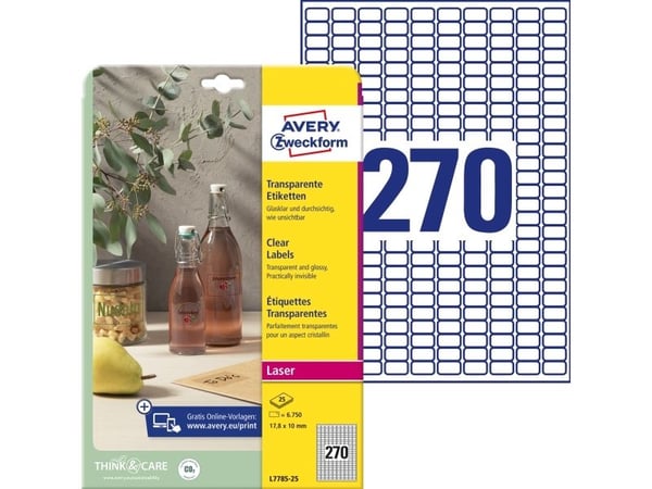 AVERY Zweckform transparente etiketter, 17,8 x 10 mm i polyester, virker på blanke overflater som direkte - 1 stk (L7785-25)