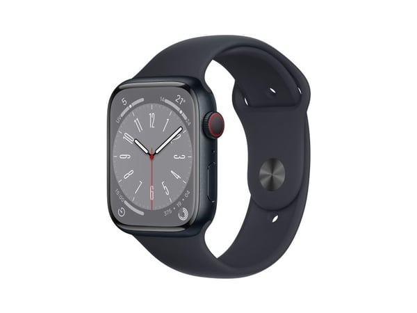 Apple Watch Series 8 (GPS + Cellular) - 45 mm - midnattsaluminium - smartklokke med sportsbånd - fluorelastomer - midnatt - båndbredde: Regular - 3...