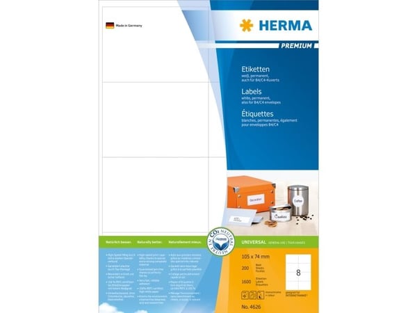 HERMA Premium - Papir - matt - permanent selv-adhesiv - hvit - A7 (74 x 105 mm) 1600 etikett(er) (200 ark x 8) laminerte etiketter
