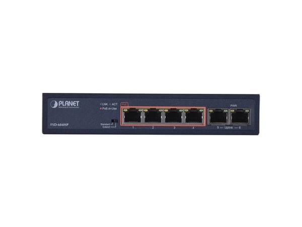 PLANET FSD-604HP, Uhåndtert, Fast Ethernet (10/100), Full tosidig, Strøm over Ethernet (PoE)
