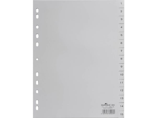 Durable 652410, Numerisk faneindeks, Polypropylen (PP), Grå, Portrett, A4, 230 mm