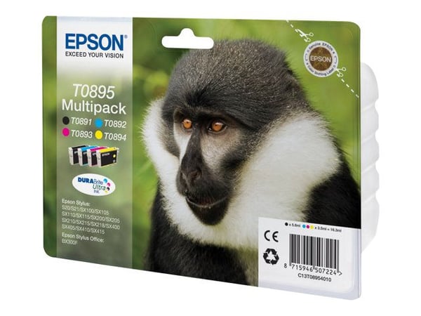 Epson Monkey T0895 Apina DURABrite Ultra, moniväripakkaus, 4 väriä, Musta, Syaani, Magenta, Keltainen, 5,8 ml, 3,5 ml, 1 kpl, Monipakkaus