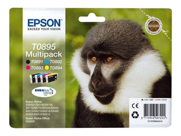 Epson Monkey T0895 Apina DURABrite Ultra, moniväripakkaus, 4 väriä, Musta, Syaani, Magenta, Keltainen, 5,8 ml, 3,5 ml, 1 kpl, Monipakkaus