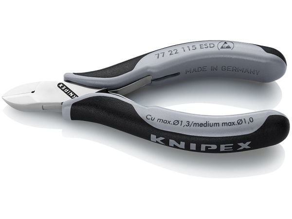 Knipex 77 22 115 ESD, Diagonaltang, stål, plast, svart, grå, 115 mm, 80 g