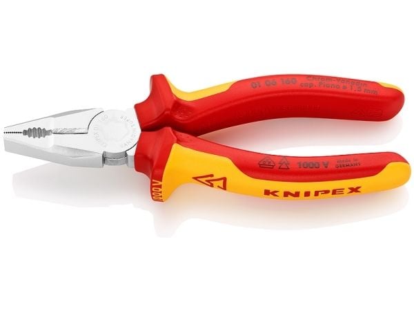 Knipex 01 06 160, Kombinasjonstang, Støtbestandig, Dielektrisk, Kromvanadiumstål, Plast, Oransje, Rød, 55 mm