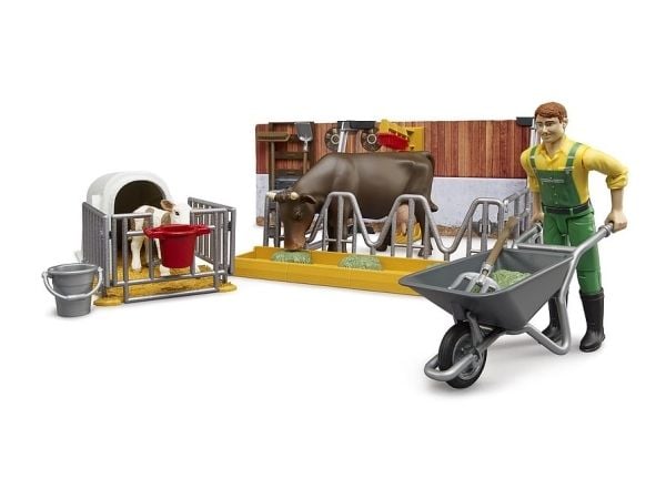 Bruder bworld Cow and Calf Barn with farmer toy