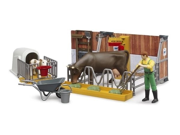 Bruder bworld Cow and Calf Barn with farmer toy