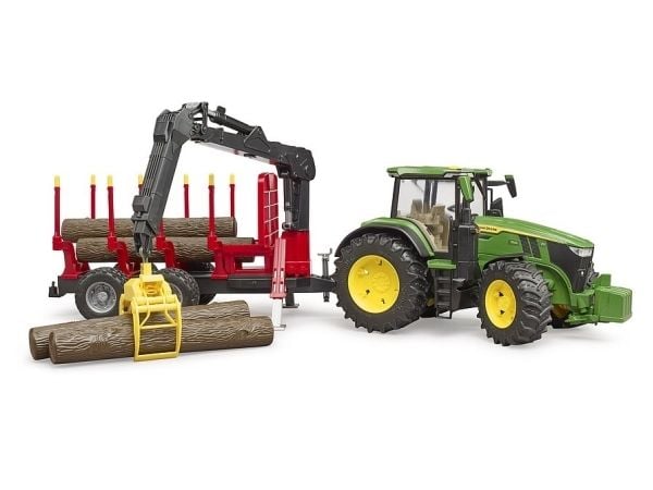 Bruder John Deere 7R 350 tractor with forestry trailer and 4 trunks toy