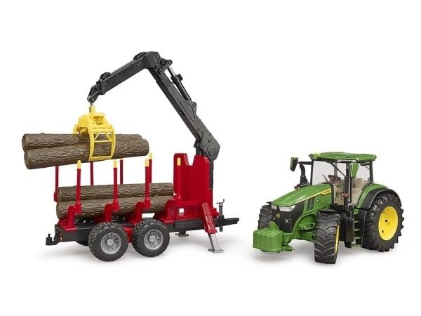 Bruder John Deere 7R 350 tractor with forestry trailer and 4 trunks toy