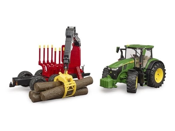 Bruder John Deere 7R 350 tractor with forestry trailer and 4 trunks toy