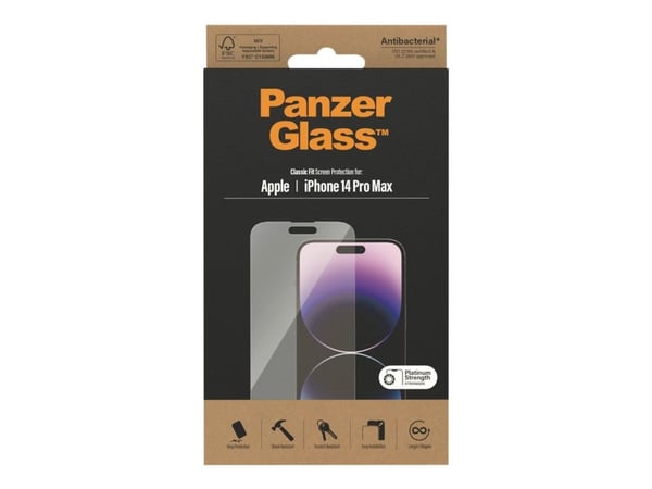 PanzerGlass™ | AntiBacterial - Skjermbeskytter for mobiltelefon - Klassisk passform - Krystallklar | Apple iPhone 14 Pro Max