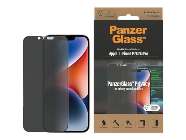 PanzerGlass™ | Privacy Edition- Skærmbeskytter for mobiltelefon - Edge-to-Edge passform - rammefarve sort | Apple iPhone 13/13 Pro/14