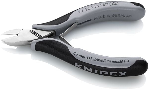 Knipex 77 22 115 ESD, Diagonaltang, stål, plast, svart, grå, 115 mm, 80 g