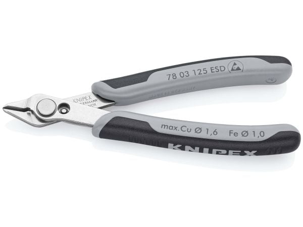 Knipex 78 03 125 ESD, Avbitartång, Rostfritt stål, Stål, Plast, Svart, Grå, 125 mm, 55 g