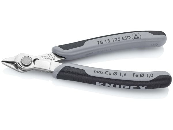 Knipex 78 13 125 ESD, Diagonaltang, Rustfritt stål, Stål, Plast, Svart, Grå, 125 mm, 57 g