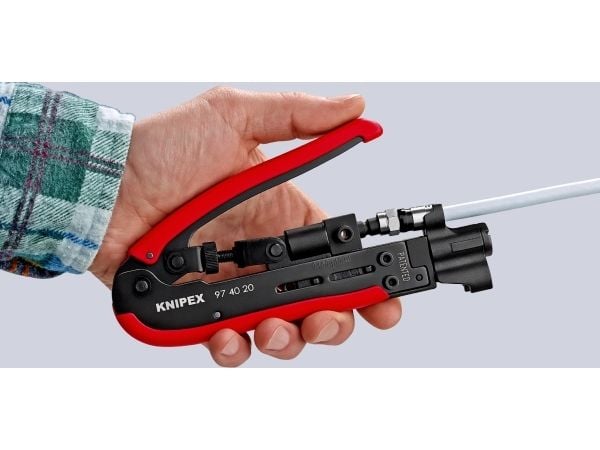Knipex 97 40 20 SB Puristustyökalu Sopii f-liittimille, BNC-liittimille, RCA-liittimille RG59, RG6, RG11