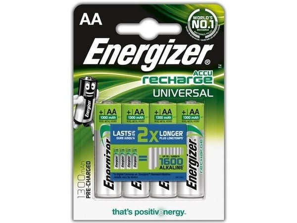 Energizer RECHARGE UNIVERSAL, Oppladbart batteri, AA, Alkalinsk, 4 stykker, 1300 mAh, Grønn, Sølv
