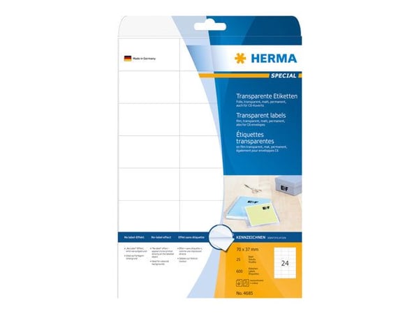 HERMA Special - Matt - permanent selv-adhesiv - gjennomsiktig - 70 x 37 mm 600 etikett(er) (25 ark x 24) filmetiketter