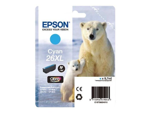 Epson Polar bear Singlepack Cyan 26XL Claria Premium Ink, Korkea (XL) värintuotto, Syaani, 1 kpl