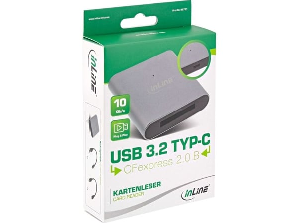 InLine 66771, CFexpress, Aluminium, Svart, 10000 Mbit/s, Aluminium, USB 3.2 Gen 1 (3.1 Gen 1) Type-C, 57 mm