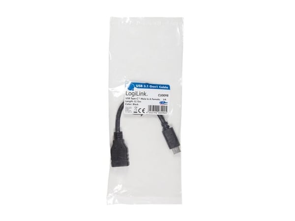 LogiLink USB C - USB A 0.15m, 0,15 m, USB C, USB A, USB 3.2 Gen 2 (3.1 Gen 2), Hankjønn/hunkjønn, Sort
