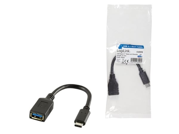LogiLink USB C - USB A 0.15m, 0,15 m, USB C, USB A, USB 3.2 Gen 2 (3.1 Gen 2), Hankjønn/hunkjønn, Sort