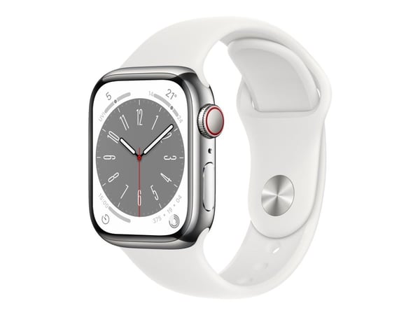 Apple Watch Series 8 (GPS + Cellular) - 41 mm - sølv rustfritt stål - smartklokke med sportsbånd - fluorelastomer - hvit - båndbredde: Regular - 32...