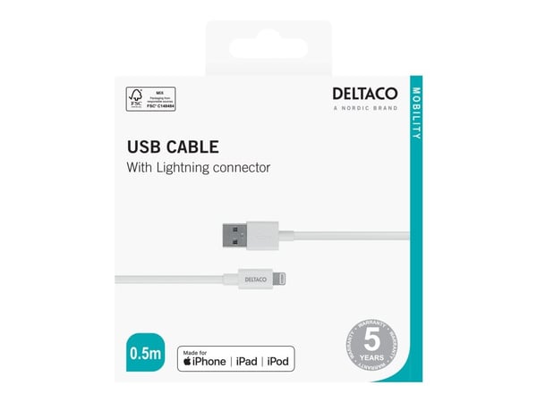 DELTACO - Lightning-kaapeli - USB han til Lightning han - 50 cm - hvid - for Apple iPad/iPhone/iPod (Lightning)