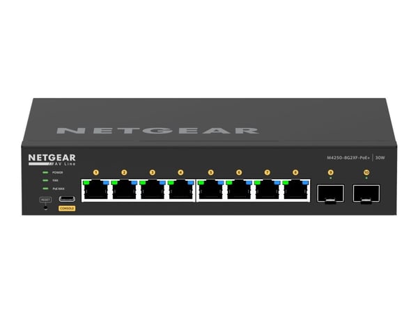 NETGEAR AV Line M4250-8G2XF-PoE+ - Switch - L3 - Administrerad - 8 x 10/100/1000 (8 PoE+) + 2 x 10 Gigabit SFP+ - sida till sida luftflöde - skrivb...