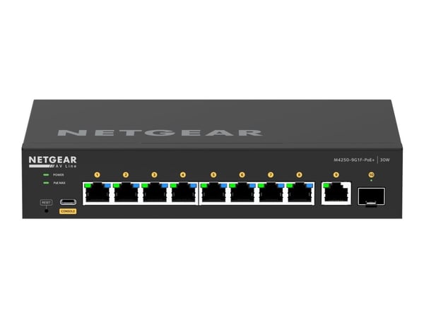 NETGEAR AV Line M4250-9G1F-PoE+ - Switch - L3 - Styrt - 8 x 10/100/1000 (8 PoE+) + 1 x 10/100/1000 + 1 x Gigabit SFP - side til side-luftflyt - sta...