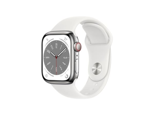 Apple Watch Series 8 (GPS + Cellular) - 41 mm - sølv rustfritt stål - smartklokke med sportsbånd - fluorelastomer - hvit - båndbredde: Regular - 32...
