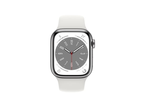 Apple Watch Series 8 (GPS + Cellular) - 41 mm - sølv rustfritt stål - smartklokke med sportsbånd - fluorelastomer - hvit - båndbredde: Regular - 32...