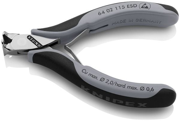 Knipex 64 02 115 ESD, Hånd kabelkutter, Sort, Rustfritt stål, 1,6 cm, 2 mm, DIN ISO 9654, DIN EN 61 340-5, 130 mm