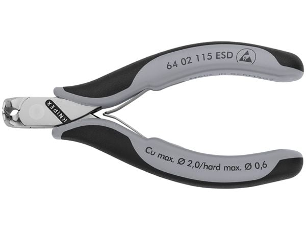 Knipex 64 02 115 ESD, Hånd kabelkutter, Sort, Rustfritt stål, 1,6 cm, 2 mm, DIN ISO 9654, DIN EN 61 340-5, 130 mm